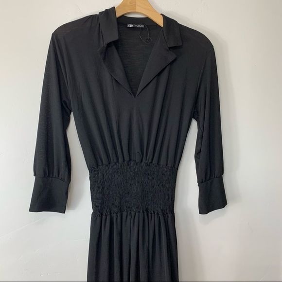 ZARA elastic waist long sleeve black midi dress - Picture 5 of 7
